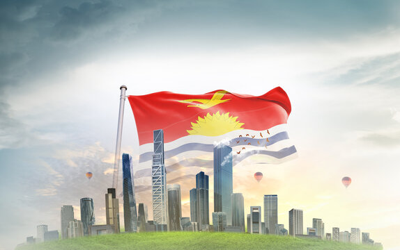 Kiribati national flag wavering with modern building skyline. Country showing stronger and prosperity. Flag key visual. Kiribati national flag for independence day. - Powered by Adobe