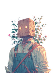 A mystical, surreal mask with a long, flowing cloak of ribbons and flowers, set against a transparent background. Concept for fantasy, mysterious, and artistic themes