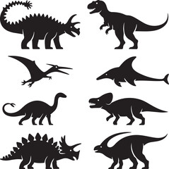 Prehistoric Dinosaur Icon Set Vector Silhouettes of 8 Ancient Creatures Including Brachiosaurus, Pteranodon, Stegosaurus, and T-Rex