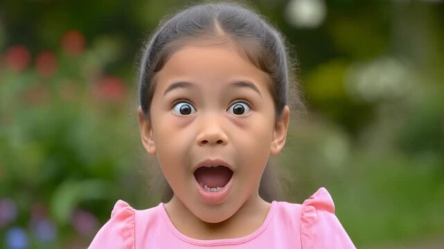 Adorable Young Girl with a Comically Surprised Expression, Wide Eyes, and Open Mouth Outdoors