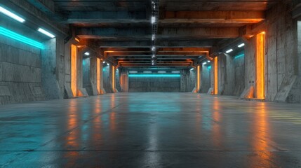 Futuristic underground tunnel with neon lighting