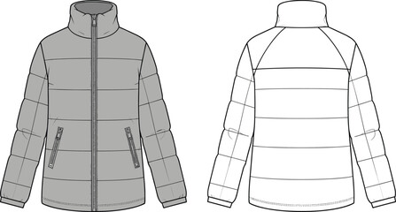 Front and back puffer jacket view, zip closure, high neck, long sleeves, technical winter wear, cad drawing flat vector illustration © Biplob Creatives