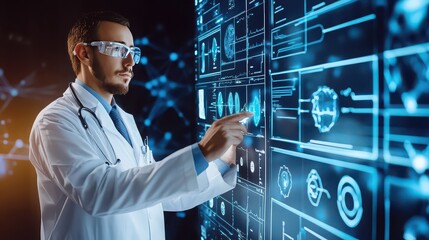 Doctor in lab coat interacting with futuristic medical interface display technology and data analysis