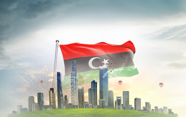 Libya national flag wavering with modern building skyline. Country showing stronger and prosperity. Flag key visual. Libya national flag for independence day.