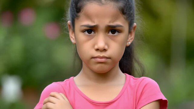 Upset Young Latina Girl with an Angry Expression Crosses Her Arms Defiantly Outdoors
