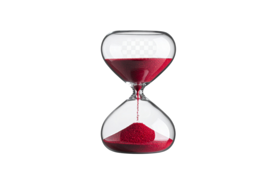 Classic glass hourglass filled with red sand isolated on transparent background