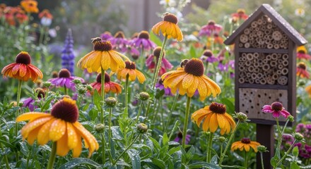 Obraz premium Vibrant flower bed with a colorful array of blooms and a wooden bee hotel.