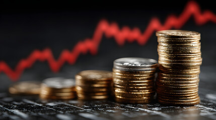 Currency fluctuation on commodities concept. Stacks of coins with a rising graph background illustrating financial growth.