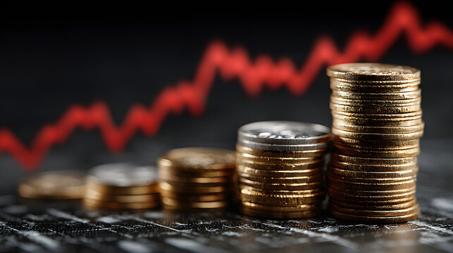 Currency fluctuation on commodities concept. Stacks of coins with a rising graph background illustrating financial growth.