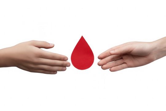 Two hands hold a red blood drop