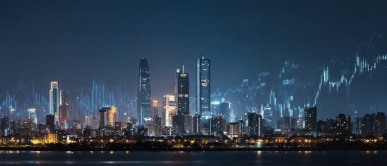 Night city financial data graphic skyline
