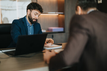 A businessperson in formal attire is actively participating in a professional meeting in a modern office environment, fostering teamwork and decision-making.