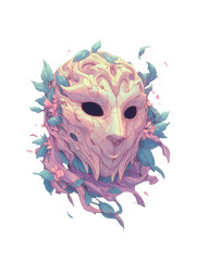 A mystical, surreal mask with a long, flowing cloak of ribbons and flowers, set against a transparent background. Concept for fantasy, mysterious, and artistic themes