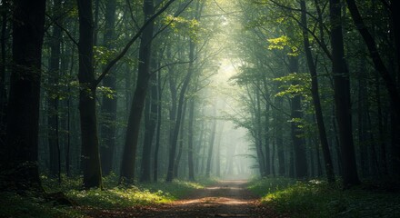 Mystical forest path bathed in morning light through dense canopy of trees creates atmospheric scene