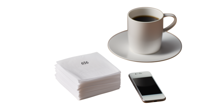 Still life featuring coffee cup napkins and smartphone on black background