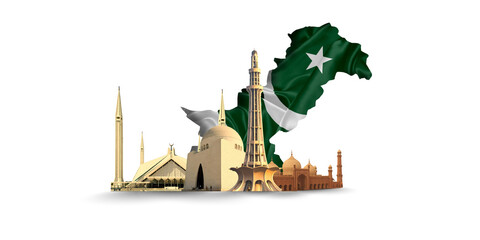 Pakistan Day, Independence Day, Resolution Day, Defense Day, Pakistan's iconic Landmarks, Minar-e-Pakistan, Quaid-e-Azam's Tomb, and Faisal Mosque, along with Pakistan map or flag, Pakistan Background