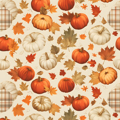 A pattern of pumpkins and leaves is shown in a variety of sizes and colors