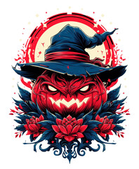 ChatGPT сказал:
A Halloween pumpkin with a witch's hat on top, surrounded by dark leaves and vines, against a transparent background. Concept for Halloween, spooky vibes, and fall atmosphere