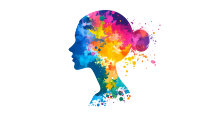 Silhouetted human figure filled with colorful paint strokes, creative soul concept, isolated on transparent background