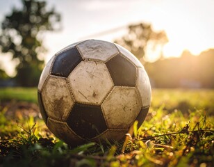 an old soccer ball resting on a grassy field, captured in warm sunlight