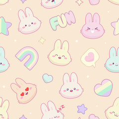 Kawaii Baby Bunny Emotions seamless pattern — Cute Pastel Rabbit Faces with Expressions and Rainbow Elements in Vector.  Cartoon Bunny faces with kawaii emotions in Pastel colors for kids pajamas