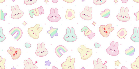 Obraz premium Kawaii Bunny Emotions seamless pattern— Cute Pastel Rabbit Faces with Expressions and Rainbow Elements in Vector for kids clothing, printing textile, wallpaper