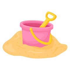 Vector cartoon image of children's plastic bucket with a shovel in the sand. Concept of children's toys and fun. Kindergarten, school. Element for your website, article, etc.
