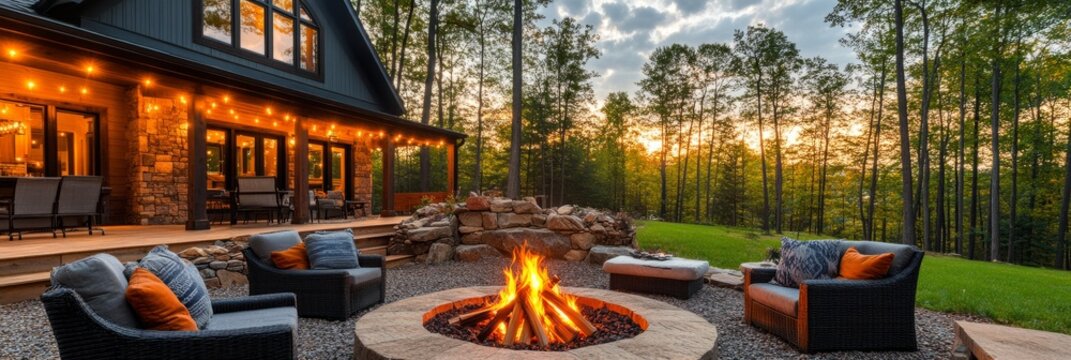 Stone fire pit in forest garden with string lights and elegant table setting, perfect for festive outdoor dining.