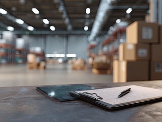 Warehouse interior with documents on a table