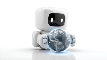 AI Robot and Globe, A minimalist 3D illustration of an AI robot holding a small, glowing holographic globe.