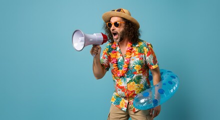 Excited man in a vibrant Hawaiian shirt and straw hat shouting into a megaphone, announcing summer vacation deals while holding an inflatable ring on a blue background.