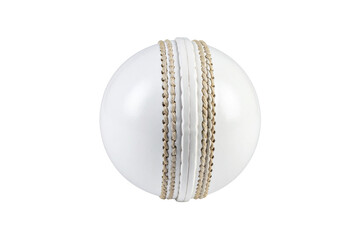 Close up of a white cricket ball with prominent stitching isolated on transparent background