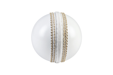 Close up of a white cricket ball with prominent stitching isolated on transparent background