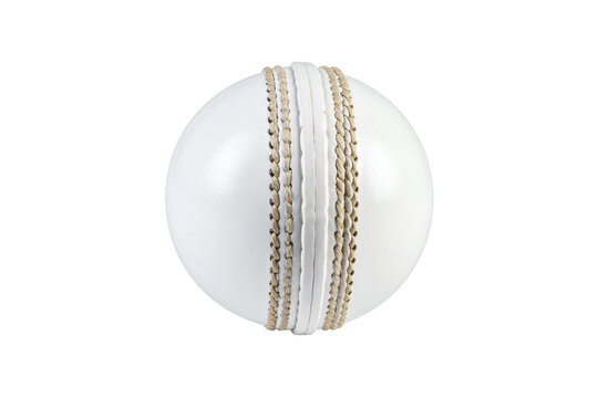 Close up of a white cricket ball with prominent stitching isolated on transparent background