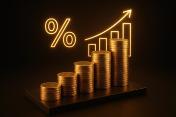 Golden Growth: A depiction of financial prosperity, showcasing stacks of coins rising alongside a glowing percentage symbol and a graph indicating positive growth.