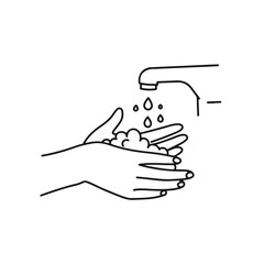 Fototapeta premium Line art illustration of washing hands with soap under a tap. Drops of water fall down emphasizing the importance of hygiene and cleanliness