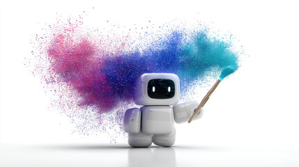 AI Robot and Art, A minimalist 3D illustration of an AI robot holding a paintbrush and creating an abstract digital painting. 
