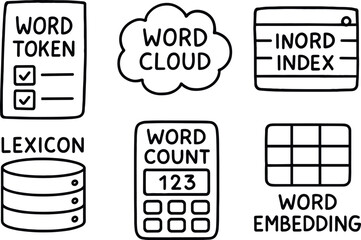 hand drawn cute out doodle style isolated word token parser word cloud generator word inde card word leicon database word count tool word embedding vector