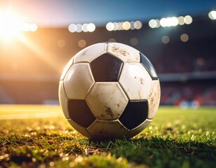 a soccer ball on the field at the stadium in sunlight