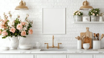 Fototapeta premium A blank frame stands out against a bright, floral kitchen.
