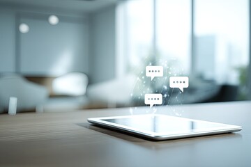 Tablet with floating chat bubbles in a modern office setting