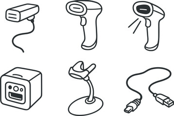 hand drawn cute out doodle style isolated barcode scanner wand cable barcode scanner trigger button barcode scanner aiming laser barcode scanner decode engine barcode scanner stand cradle
