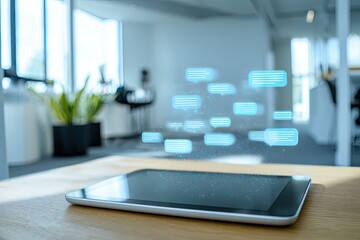 Tablet displaying floating chat bubbles in an office setting