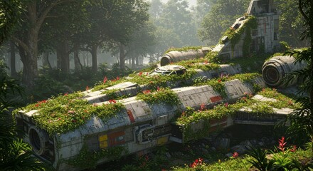 Overgrown spaceship wreck in a vibrant jungle setting depicts nature reclaiming technology