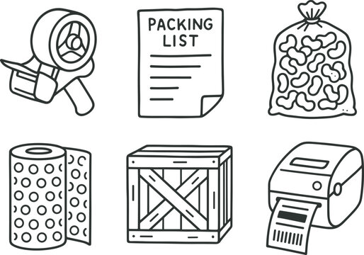 hand drawn cute out doodle style isolated packing tape dispenser packing list sheet packing peanuts bag packing bubble wrap roll packing crate module packing label printer