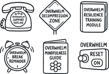 Obraz premium hand drawn cute out doodle style isolated overwhelm support hot number overwhelm decompression zone sign overwhelm resilience training module overwhelm break reminder alarm overwhelm