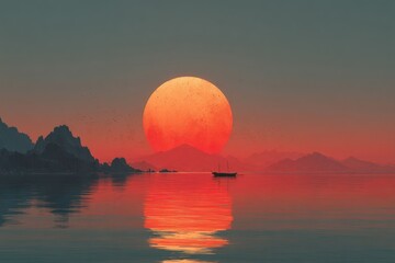 Massive glowing sun setting behind mountains over calm sea with silhouette of sailboat and birds in tranquil red sky Generative AI