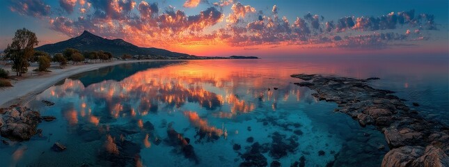 Colorful sunset over tranquil sea with dramatic clouds, distant boat, and reflections on water between mountain coastlines Generative AI