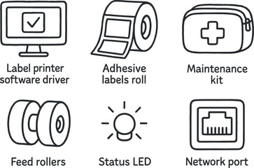 hand drawn cute out doodle style isolated label printer software driver label printer adhesive labels roll label printer maintenance kit label printer feed rollers label printer status LED