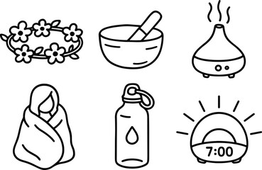 hand drawn cute out doodle style isolated healing season flower crown healing season sound bowl healing season aroma diffuser healing season blanket wrap healing season hydration bottle